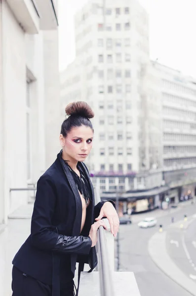 Young Woman Designer Elegant Suit Posing Balcony — Stock Photo, Image