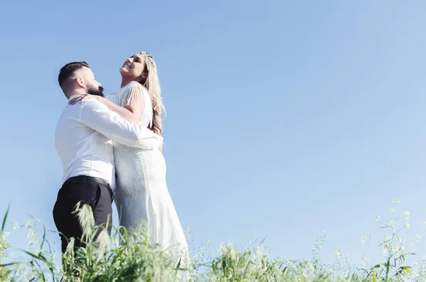 Молода Весільна Пара Стоїть Приймає Зеленому Лузі Перед Блакитним Небом — стокове фото