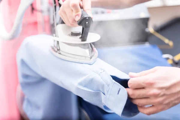 Close Female Hands Ironing Shirt Iron Table Laundry — Stock Photo, Image