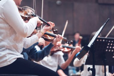 Kız öğrenciler grupta keman çalıyorlar. Klasik müzik konseri öncesi prova odası