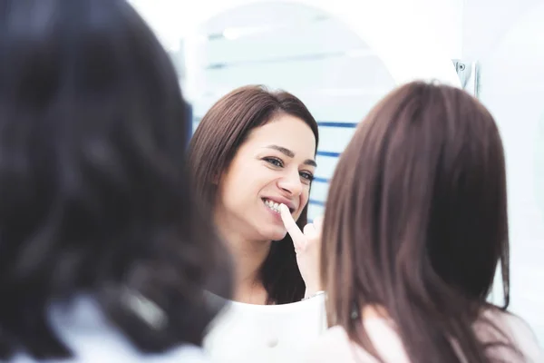 Excited Young Girl Patient Front Mirror Looking Her Teeth Whitening — Fotografie, imagine de stoc