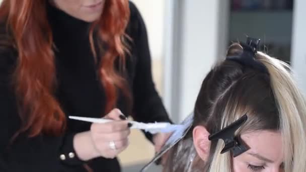 Friseur Trocknet Lange Blonde Haare Mit Neuem Modernen Haartrockner Salon — Stockvideo