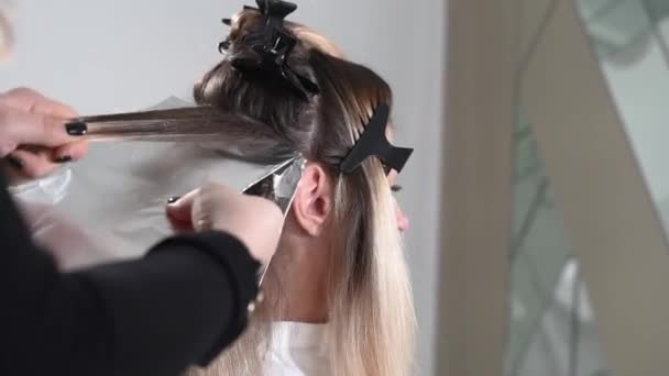 Hairdresser Drying Long Blonde Hair New Modern Hair Dryer Salon — Vídeo de stock