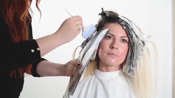 Penata Rambut Mengeringkan Rambut Pirang Panjang Dengan Pengering Rambut Modern — Stok Video
