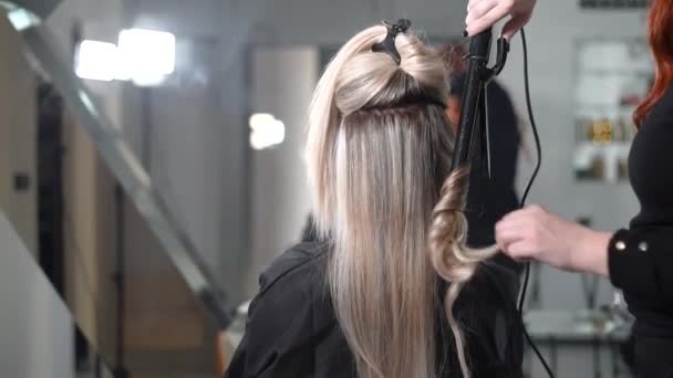 Professional Hairdresser Her Client — стоковое видео
