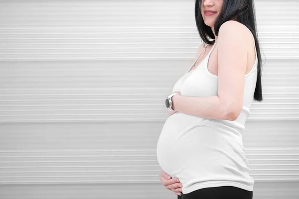 Zugeschnittenes Bild Einer Jungen Schönen Schwangeren Frau Die Fenster Hause — Stockfoto