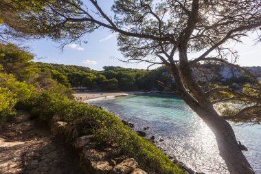 Güneşli bir sabah, Minorca ağaçları arasında görülen Macarella beach