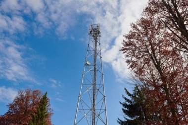 Ormandaki metal baz istasyonu mavi gökyüzüne karşı. Yeni iletişim noktası. Teknoloji geliştirme konsepti fotoğrafı. Radyasyon hasarı.