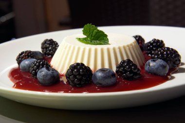 Böğürtlenli ve yaban mersinli lezzetli panna cotta. Nane şekeri ile süslenmiş. Beyaz tabakta kırmızı çilek sosuyla servis ediliyor. Beyaz jöle yakın çekim.