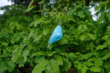 Mavi yüz maskesi yeşil çalılıkta sallanıyor. Çevre kirliliği konsepti fotoğrafı. Salgın koronavirüs sorunları.
