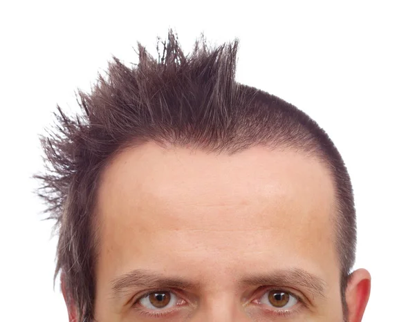 Male upper half face with funny haircut and copyspace on large f — Stock Photo, Image