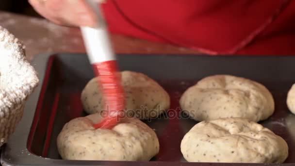 Making Bakery Products Glazing Buns Baking Tray — Stock Video