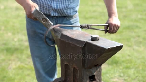 Male Blacksmith Using Hot Metal Tools Work Green Grass Background — Stock Video