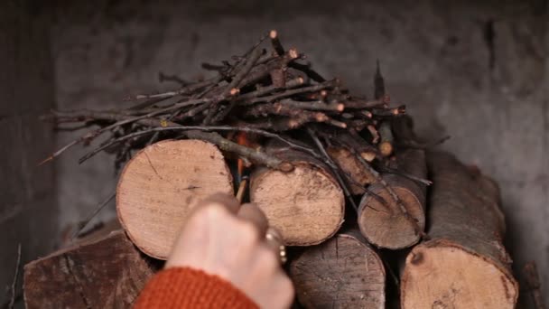 Close Woman Hand Making Fire Placing Kindling Firelighter Logs Masonry — Stock Video
