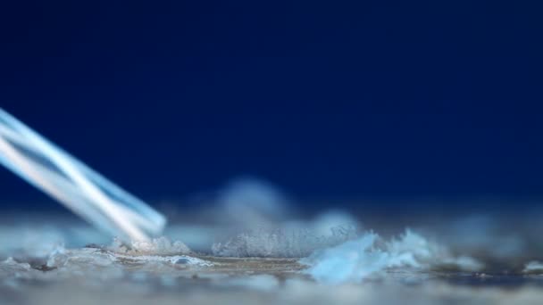 Close Making Soap Bubble Forming Ice Crystals Surface Deep Blue — Stock Video