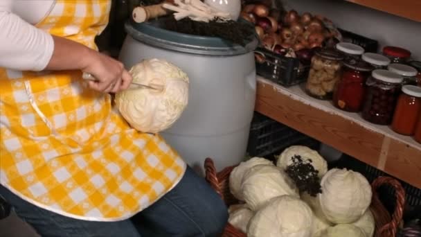 Close Woman Cutting Core Preparing Sour Cabbage Pantry — Stock Video