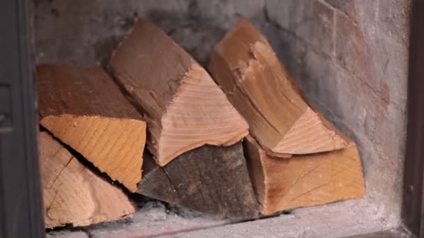 Close Woman Hand Placing Wood Blocks Masonry Heater — Stock Video