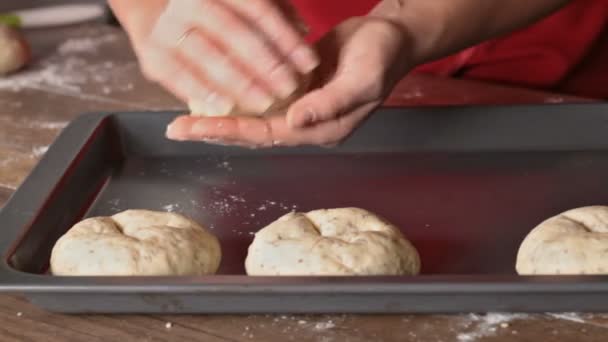 Close Woman Hands Shaping Dough Placing Them Baking Pan — Stock Video