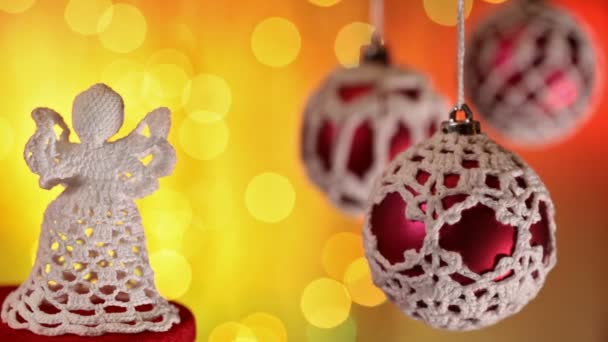 Close Christmas Angel Decoration Baubles Blurred Blinking Lights Background — Stockvideo