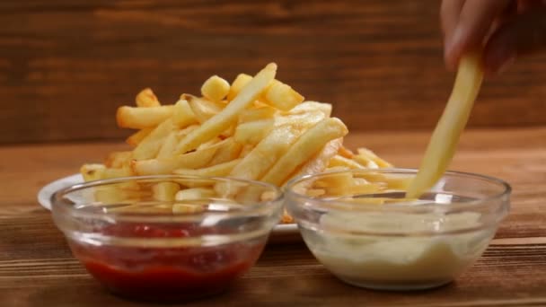 Close Male Female Hands Taking French Fries Plate Dipping Sauce — Stock Video