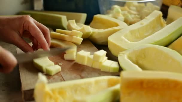 Close Female Hands Chopping Pumpkin Slices Cutting Board — Stock Video