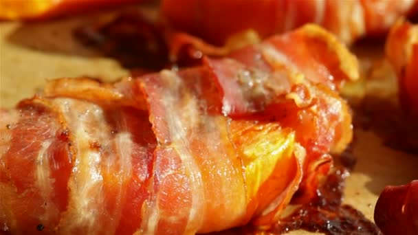 Slow Motion Tray Pumpkin Baked Bacon Wrapping — Stock Video