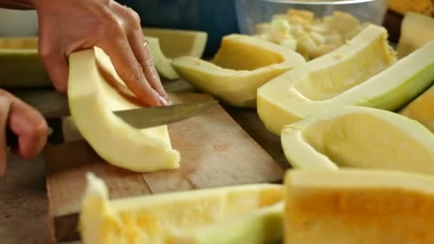 Close Female Hands Chopping Pumpkin Slices Cutting Board — Stock Video