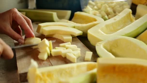 Close Female Hands Chopping Pumpkin Slices Cutting Board — Stock Video