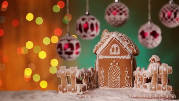 Close Gingerbread House Toys Blurred Blinking Lights Background — Stock Video