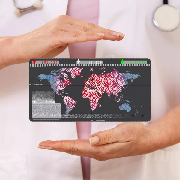 Healthcare Professional Hands Presenting Virtual Screen Illustration Infection Spreading World — Stock Photo, Image