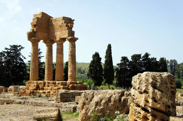 Ancient Greek temple ruins in the Valley of the Temples. Agrigento. Sicily. Temple of Castor and Pollux Dioscuri.