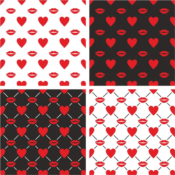 Ensemble de motifs sans couture Coeur et lèvres rouges — Image vectorielle