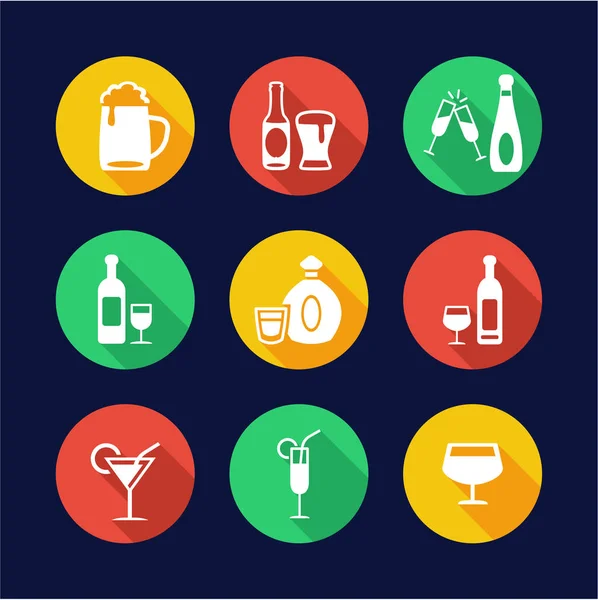 Ícones de bebidas alcoólicas Círculo de design plano —  Vetores de Stock