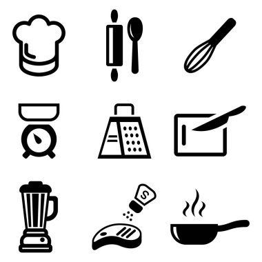 Pişirme simgeler siyah ve beyaz