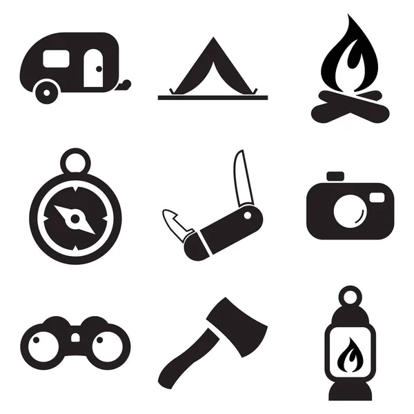 Iconos para acampar Blanco y Negro — Vector de stock