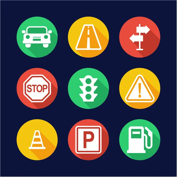 Iconos de tráfico Círculo de diseño plano — Vector de stock