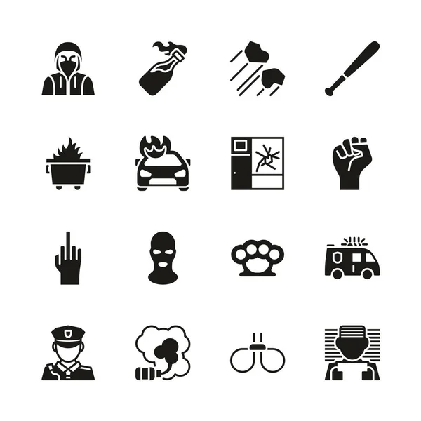 Conjunto de iconos de disturbios o disturbios públicos en blanco y negro — Archivo Imágenes Vectoriales