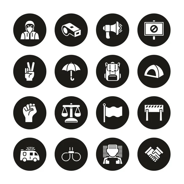 Iconos de demostración pacífica blanco en conjunto de círculo negro — Vector de stock