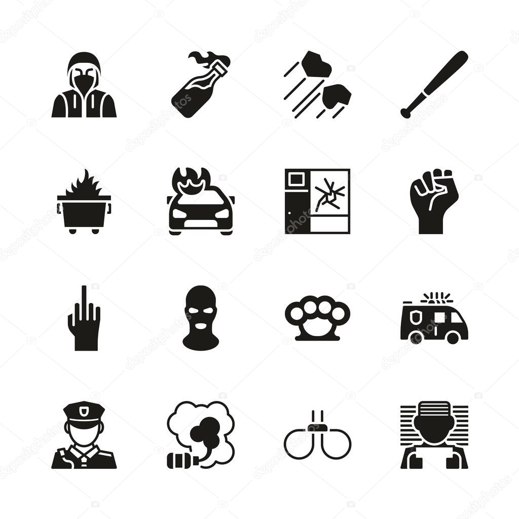 Riot or Public Disturbance Icons Black & White Set