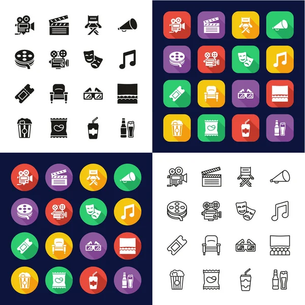 Movie Icons All in One Icons -Black & White-Color Flat Design-Th — Stock Vector