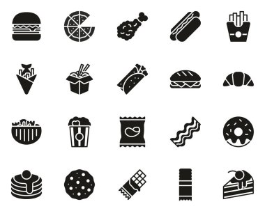 Fast Food ya da Junk Food Simgeleri Siyah & Beyaz Set Büyük