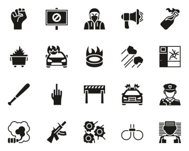 Şiddetli Protesto veya Gösteri Simgeleri Siyah & Beyaz Küme Büyük