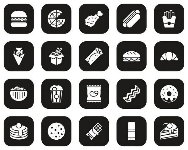 Fast Food Of Junk Food Pictogrammen Wit Op Zwart Set Groot — Stockvector