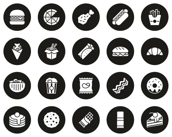 快餐或垃圾食品图标白色在黑圈设置大 — 图库矢量图片
