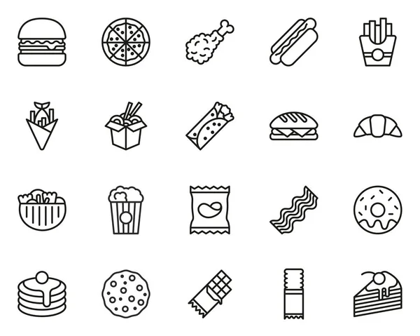 Comida rápida o comida chatarra iconos delgada línea conjunto grande — Vector de stock