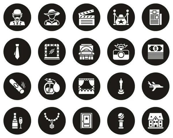 Hollywood iconos blanco en negro círculo conjunto grande — Vector de stock