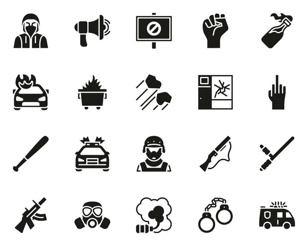 Riot or Public Disturbance Iconos Negro Blanco conjunto grande — Vector de stock