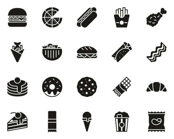 Snack o comida chatarra iconos negro y blanco conjunto grande — Archivo Imágenes Vectoriales