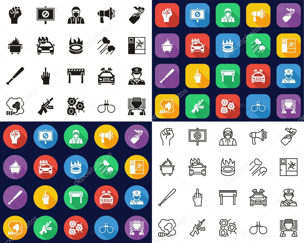 Violent Protest Or Demonstration Icons -Black & White-Color Flat Design-Thin Line- Set