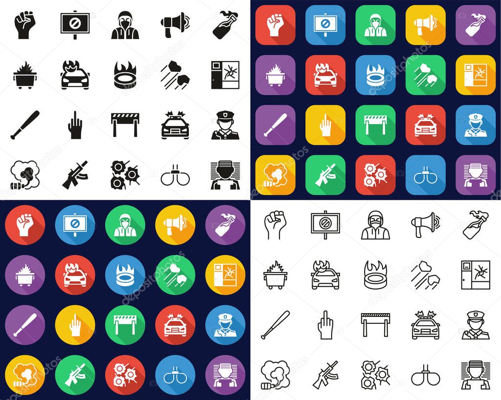 Violent Protest Or Demonstration Icons -Black & White-Color Flat